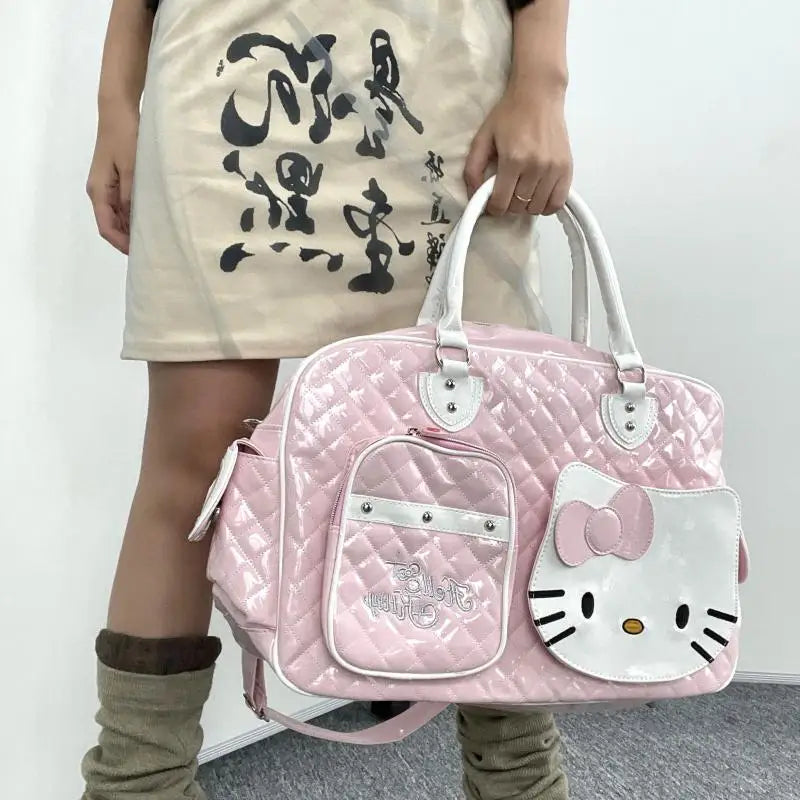 Cartoon Miniso Hello Kitty Y2K Large-Capacity Portable Travel Bag Kawaii Pu Leather Shiny Sweet Crossbody Bag