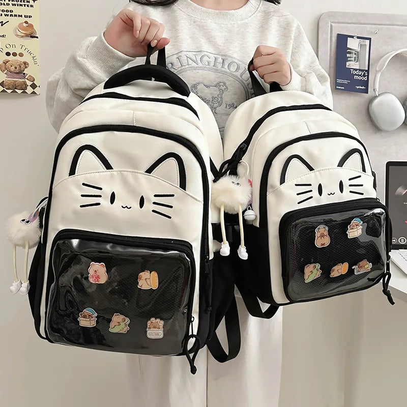 Y2K Cute Cat Ita Backpacks Large Capacity Knapsack Casual Girl Transparent DIY Display Rucksack Cartoon Trendy Travel Schoolbags