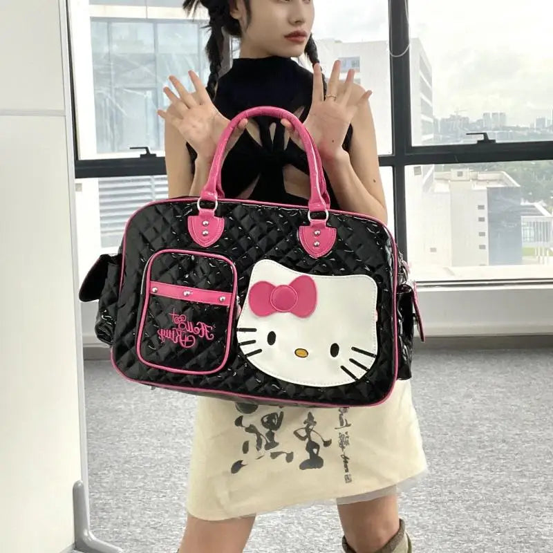 Cartoon Miniso Hello Kitty Y2K Large-Capacity Portable Travel Bag Kawaii Pu Leather Shiny Sweet Crossbody Bag