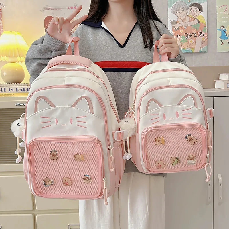 Y2K Cute Cat Ita Backpacks Large Capacity Knapsack Casual Girl Transparent DIY Display Rucksack Cartoon Trendy Travel Schoolbags